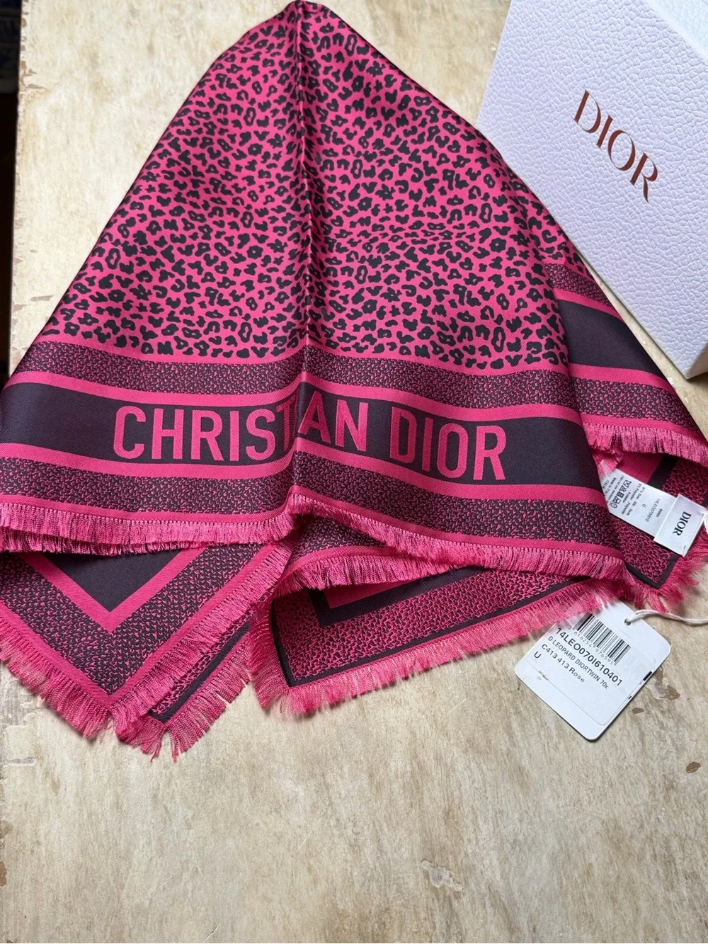 Dior Hot Pink and Black Leopard mitzah Print Silk Scarf NWT Full Set